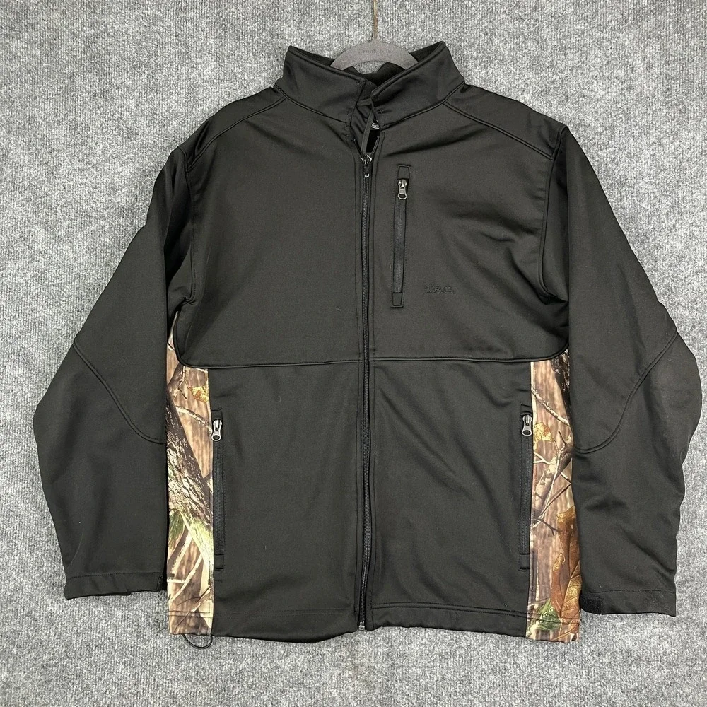 TAG Jacket Mens M‎ Black Softshell Camo Trim Full Zip Outdoor Hunting Gear